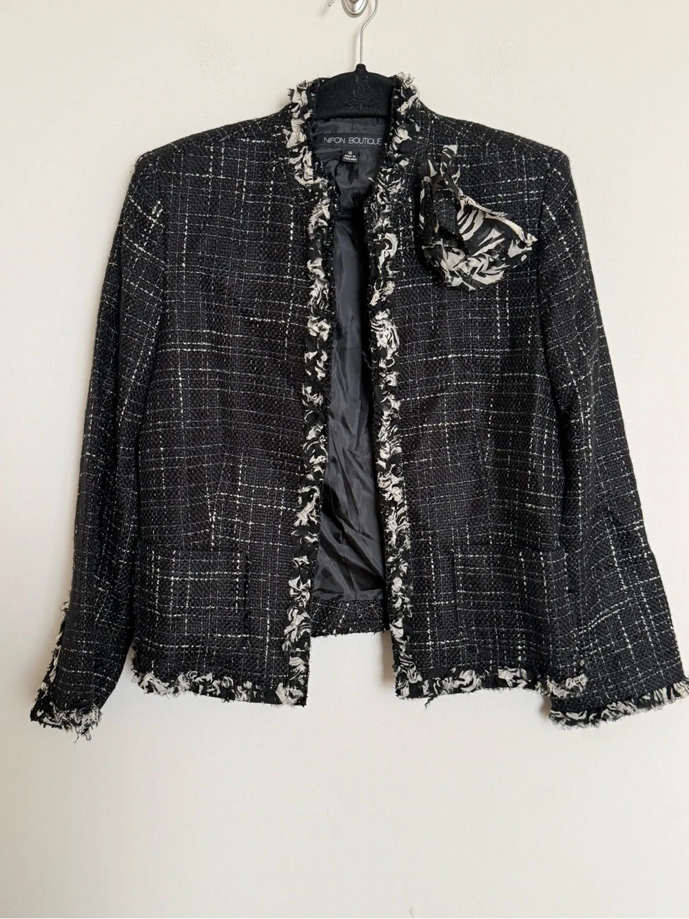 Nipon Boutique Black Tweed Fringe Jacket Size 14 Chanel Inspired Blazer - Picture 2 of 8